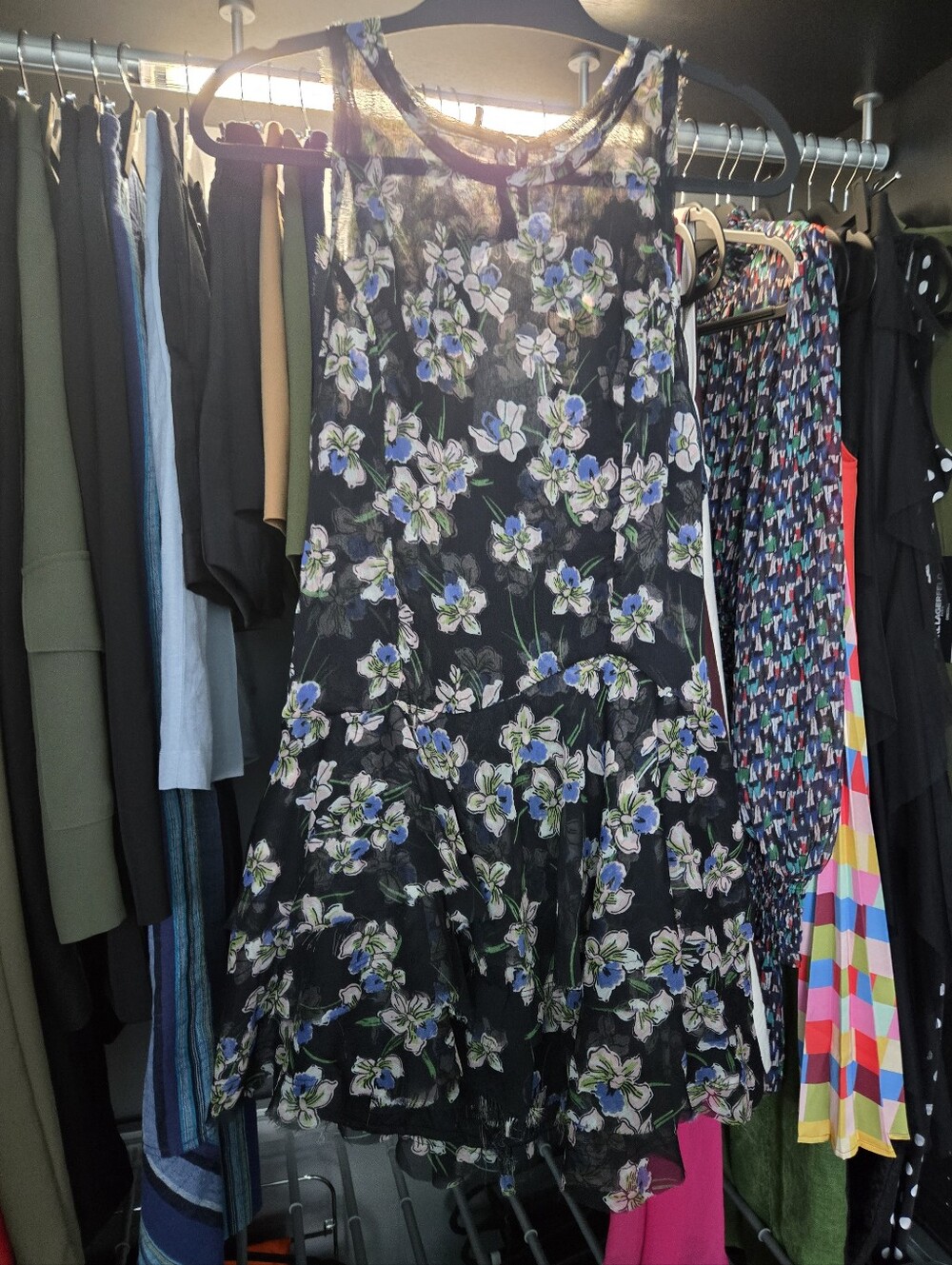 Free People Black Floral Sleeveless Mini Dress with Blue & White Blossoms